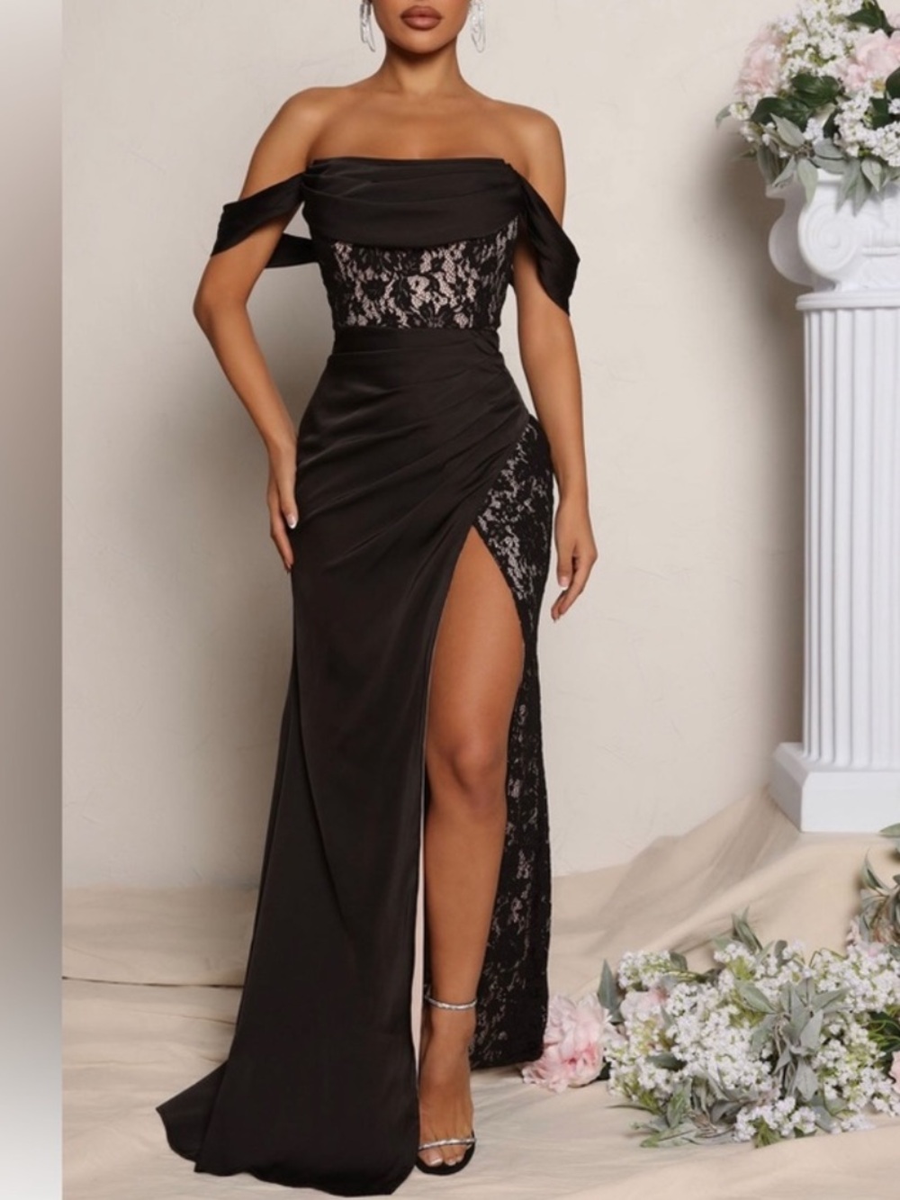 Off-Shoulder Black Lace Evening Gown with Side Thigh Slit